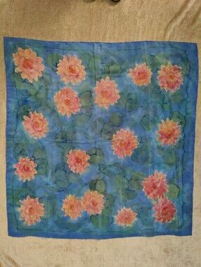 Rare Noel A. Bray Signed Silk Scarf. Hand-Painted Water Lily Art, 35" x 36"
